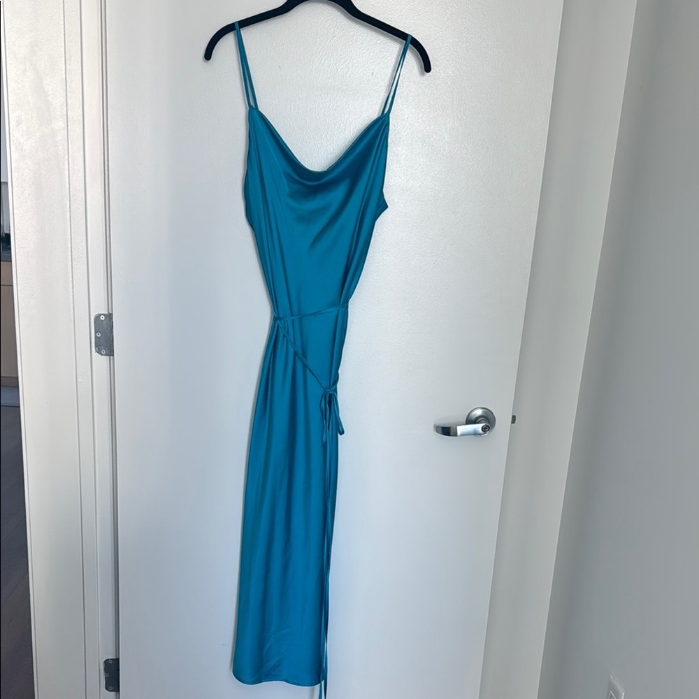 Blue Midi Satin Cowl Neck Cocktail Dress
